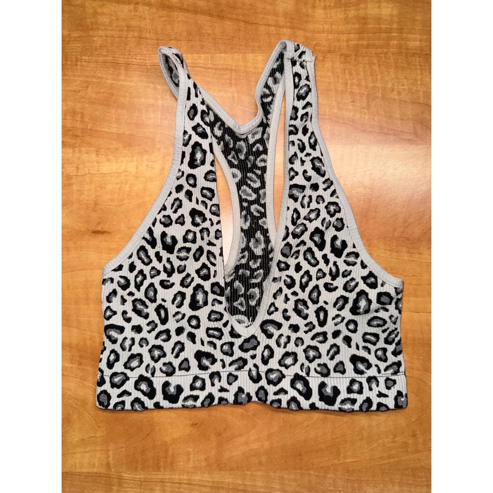 Intimately‎ Free People Leopard Print Ribbed V-Neck Racerback Crop Top Grey XS/S